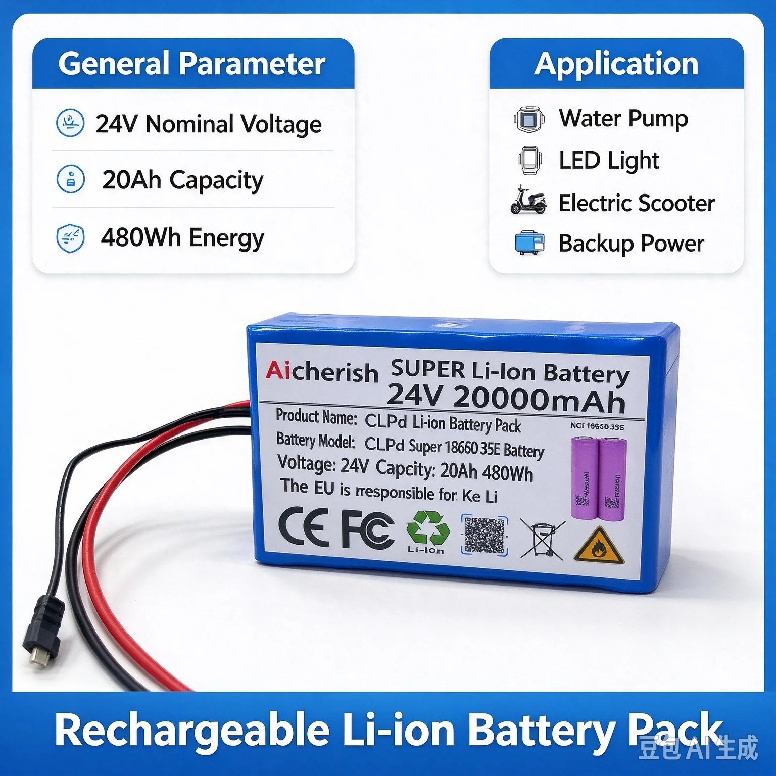 24V 20Ah 20000mAh Rechargeable Li-ion Battery Pack 18650 Lithium Battery for Pump Light Electric Scooter Backup Power