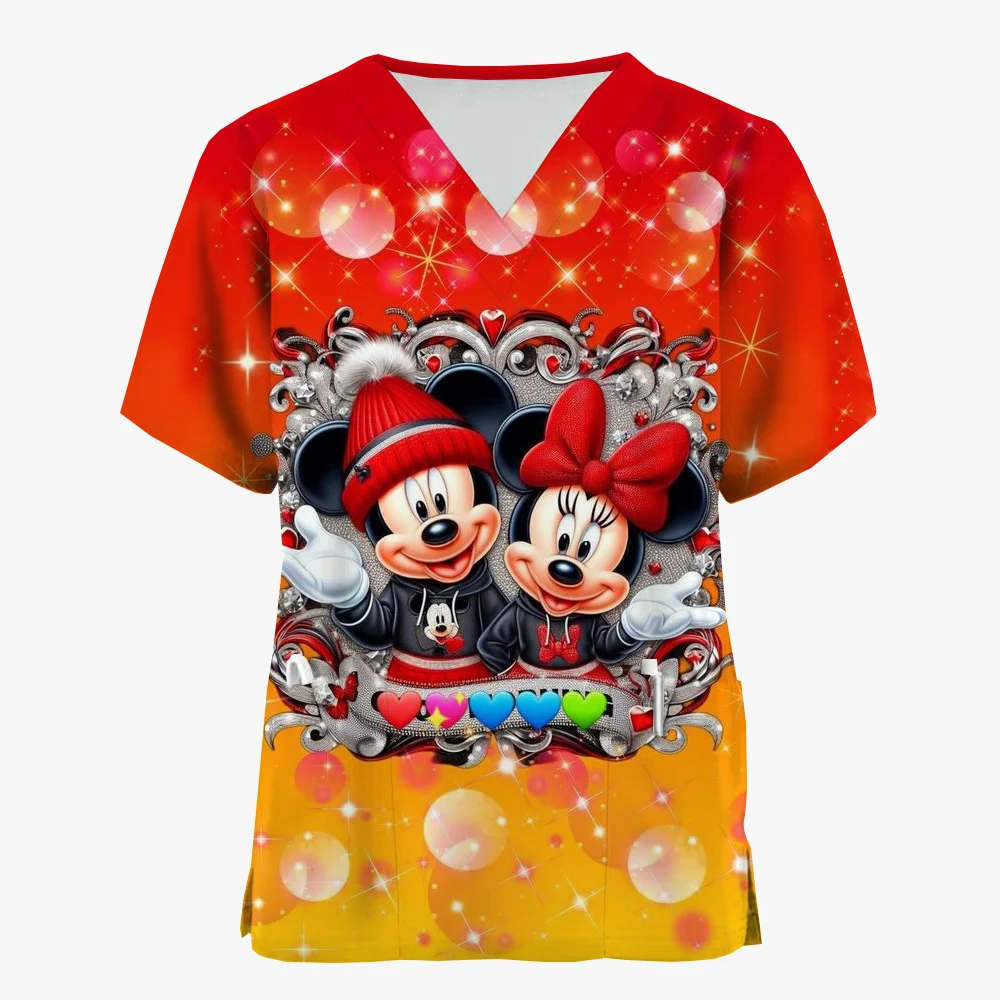 Kobiety Pielęgniarka Uniform T-Shirt Casual Disney Myszka Miki Minnie Wesołych Świąt Nadruk Krótki rękaw Wzorzysta bluzka robocza