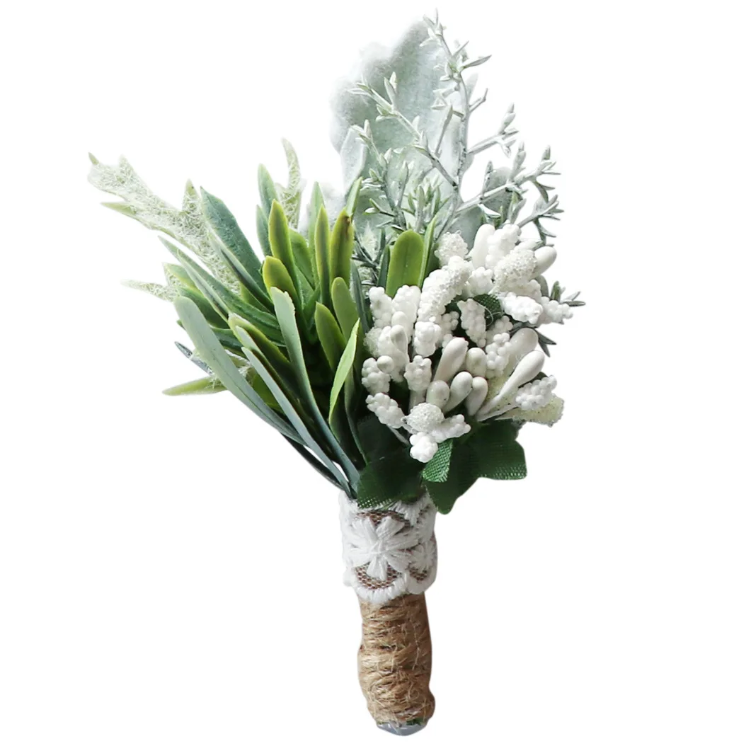 Groene Kunstmatige Mannen Bloemen Boutonniere Europese Bos Stijl Corsage Bruiloft Accessoires Witte Bruids Bruidsmeisje