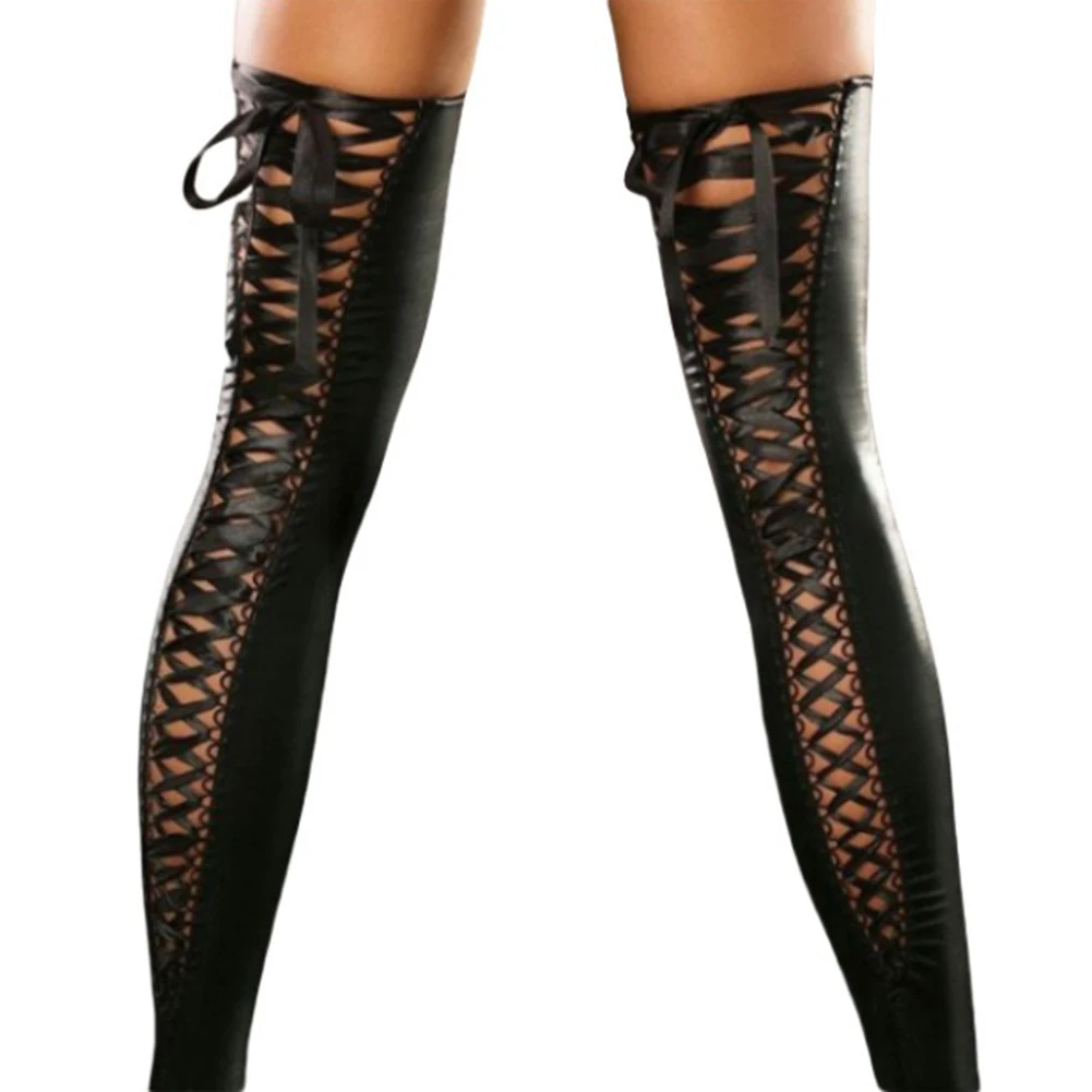 

1 Pair Fashion Womens Stockings Sexy Wet Look Patent Leather Lacing Up Long Socks Female Stocking Clubwear