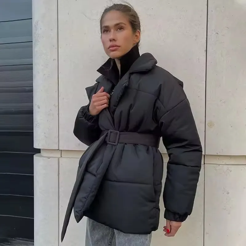 Parka d'hiver avec poches à revers pour femme, veste rembourrée en coton à manches longues et col en V, à la mode, chaude et solide, vêtements d'extérieur pour la neige