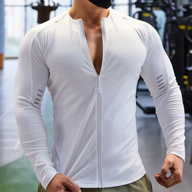 Jaqueta com zíper de proteção solar masculina, moletom com gola alta, roupa esportiva elástica, fitness, esportes, corrida, tops de compressão