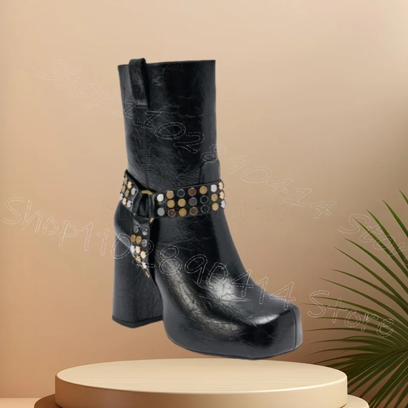 Metal Rivets Belt Fastener Black Mid Calf Boots Side Zipper Women Shoes Chunky High Heels Party Dating 2025 Zapatos Para Mujere