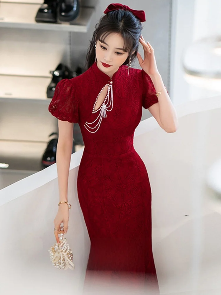 

Red Chinese Wedding Dr Slimming Fi Tail Engagement Evening Gown High-End Winter Wear Faionable Pure Color