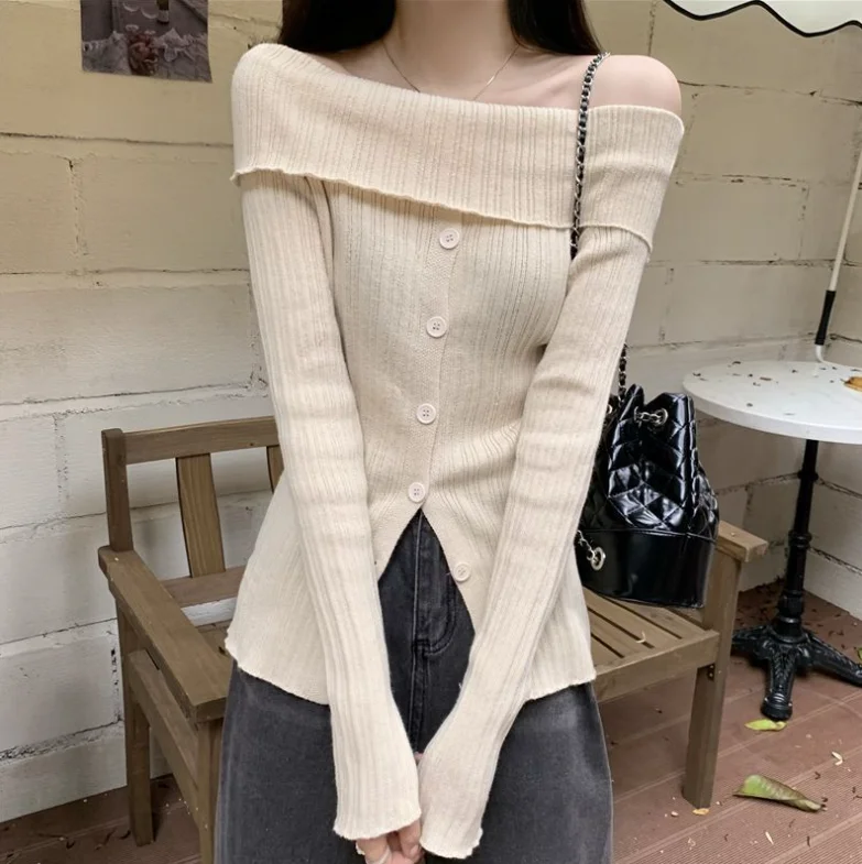 Spring/Summer New Fashion Split Long Sleeved One Shoulder Solid Color Slim Fit Knitted Shirt For Women