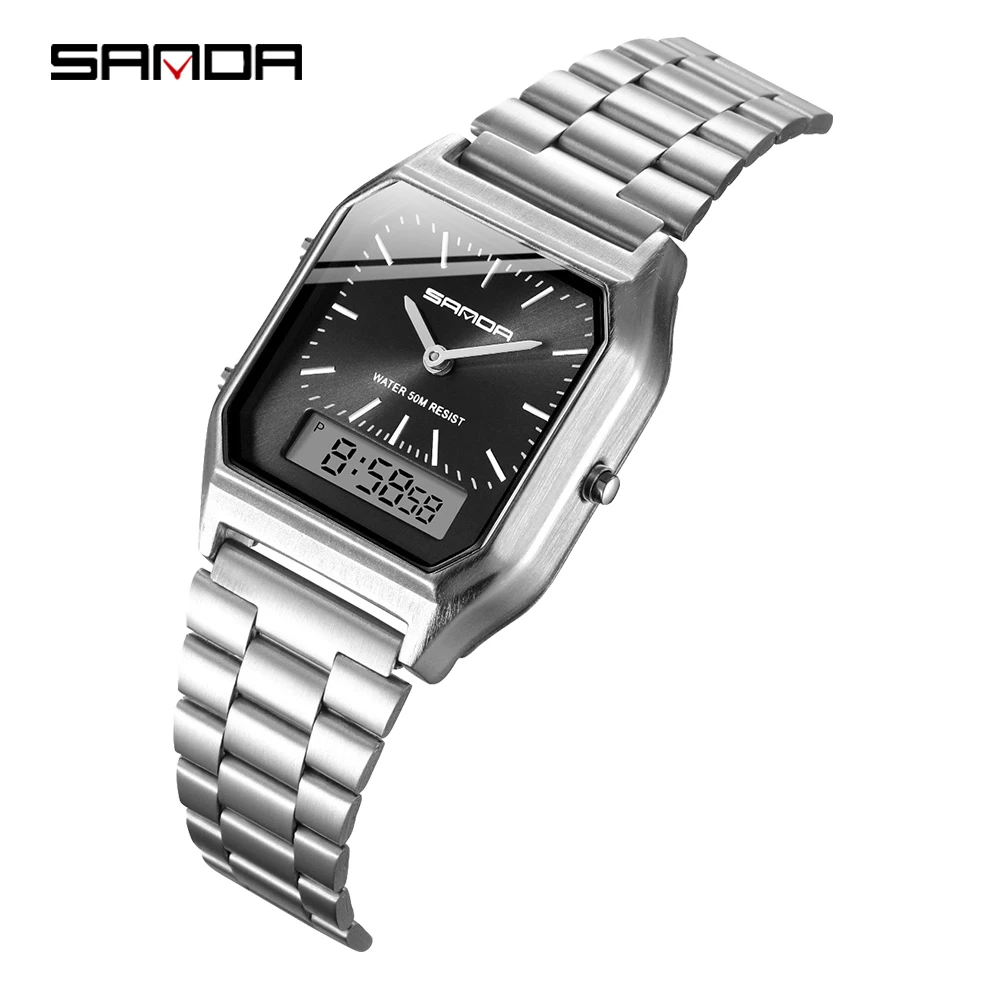 Fashion Sanda 747 Couple Quartz Digital Watch Waterproof Casual Wear-resistant Stainless Steel Square Led Digital Dual Movement