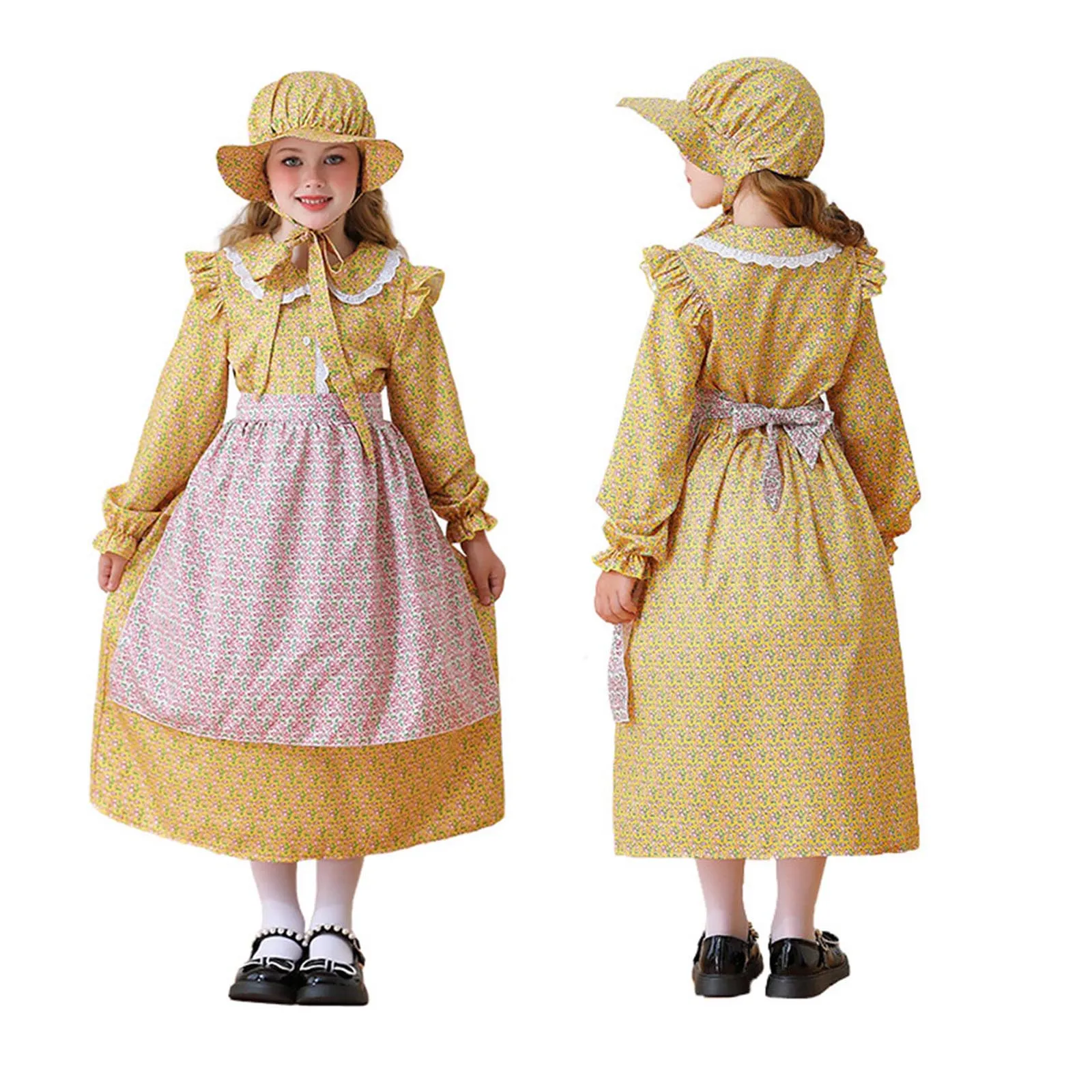 

Girls Prairie Pioneer Costume Yellow Floral Long Sleeve Dress with Apron Hat Children's Clothing Pastoral Manor Maid Dress