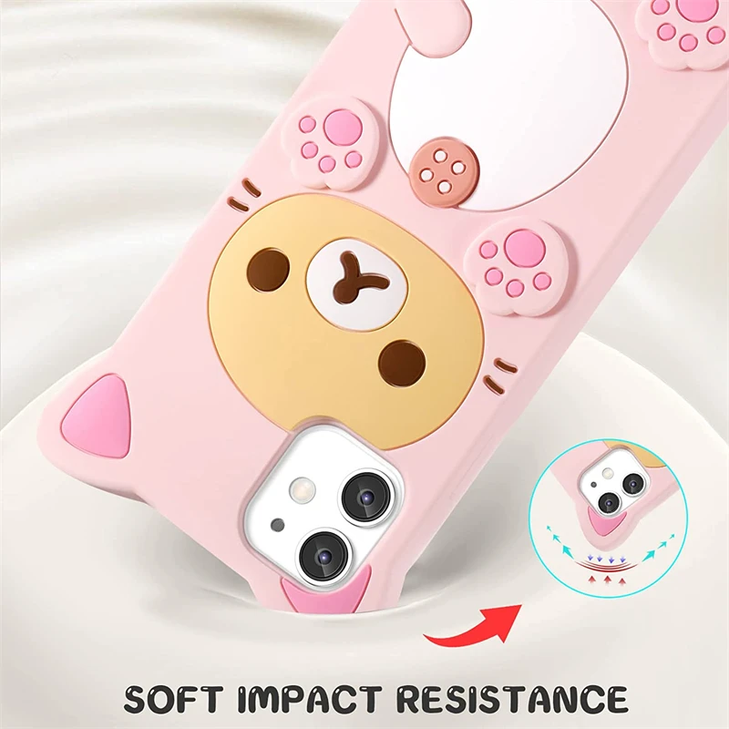 3D Cute Cartoon Pink Bear Kawaii Soft Silicone Case for IPhone 14 Plus 13 11 15 16 Pro Max 12 Mini XS XR X IPones Funny Cover