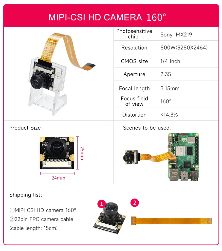 Himbeer Pi 5 Kamera modul mit 8mp imx219 Chip 77 ° 120 ° 160 ° Fov zur Auswahl mit hochwertiger Acryl halterung 22pin-fpc Kabel – Detail 8