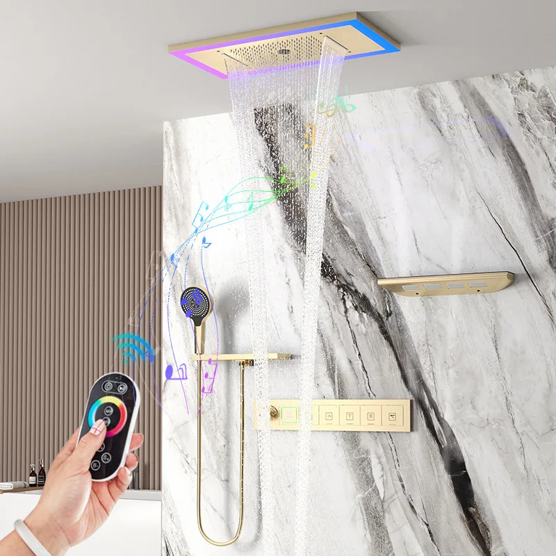 

Hidden Ceiling Thermostatic Shower Set Wall Mounted Rain Shower with Music Function Brass