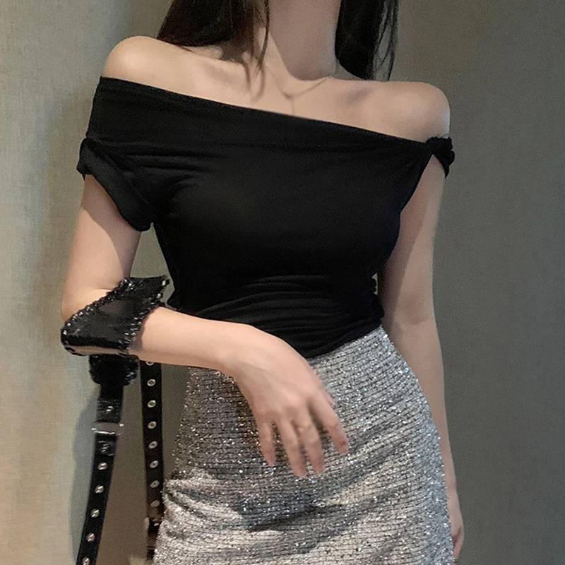 Short Sleeve T Shirt Sexy Off Shoulder Bodycon Women Streetwear Crop Tops Summer Solid Elegant T-shirts