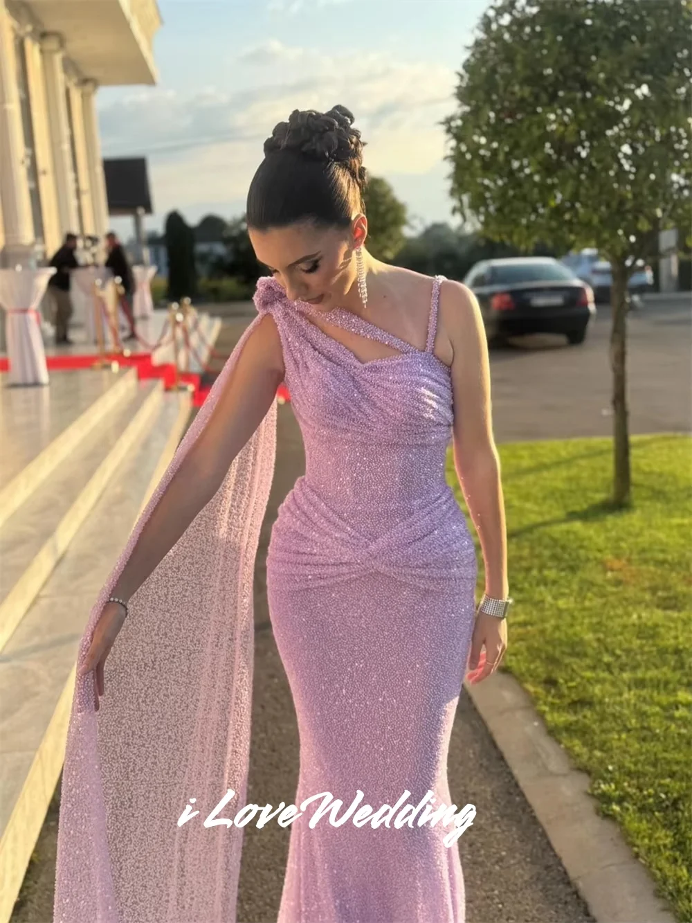 

Purple One-Shoulder Evening Dresses 2025 3D Flowers Mermaid Floor-Length Prom Dresses Pleated Wedding Party Dresses Customized