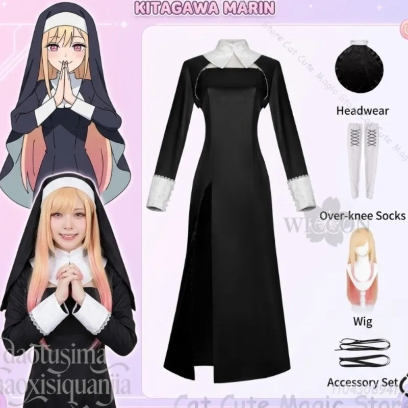 

Kitagawawa Maring Costume All Black Split Sexy Nun Uniform Dress Goth Lolita Halloween Cosplay Dress Anime Up Season 2 Darling
