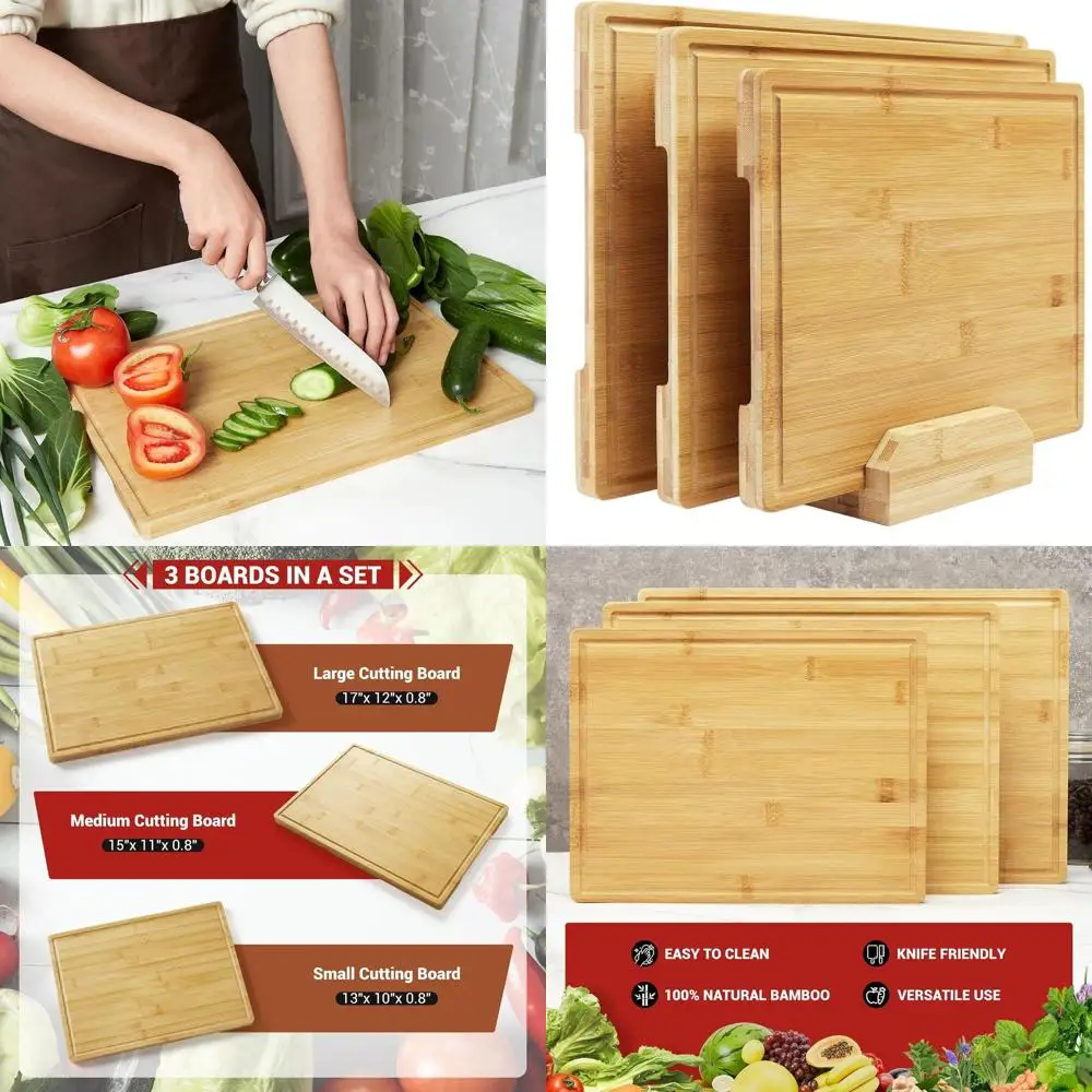 Conjunto de tábua de corte de cozinha de bambu - suporte incluído, ideal para preparação, servir e cortar refeições
