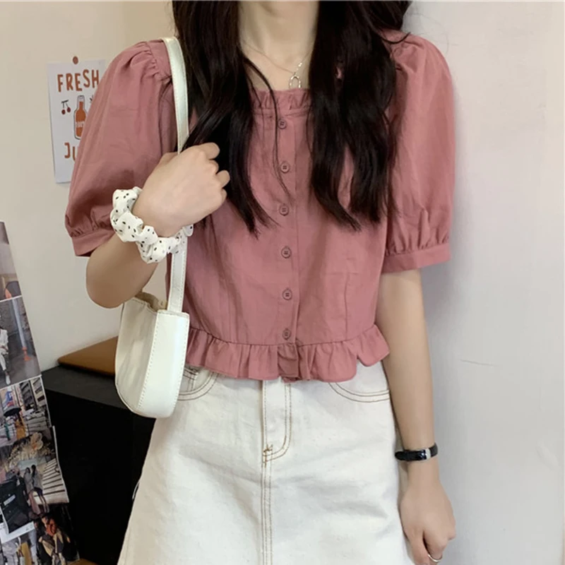 Women Sweet Ruffles Shirt Summer New Puff Short Sleeve Female Blouse Button Fashion All Match Square Collar Ladies Crop Tops