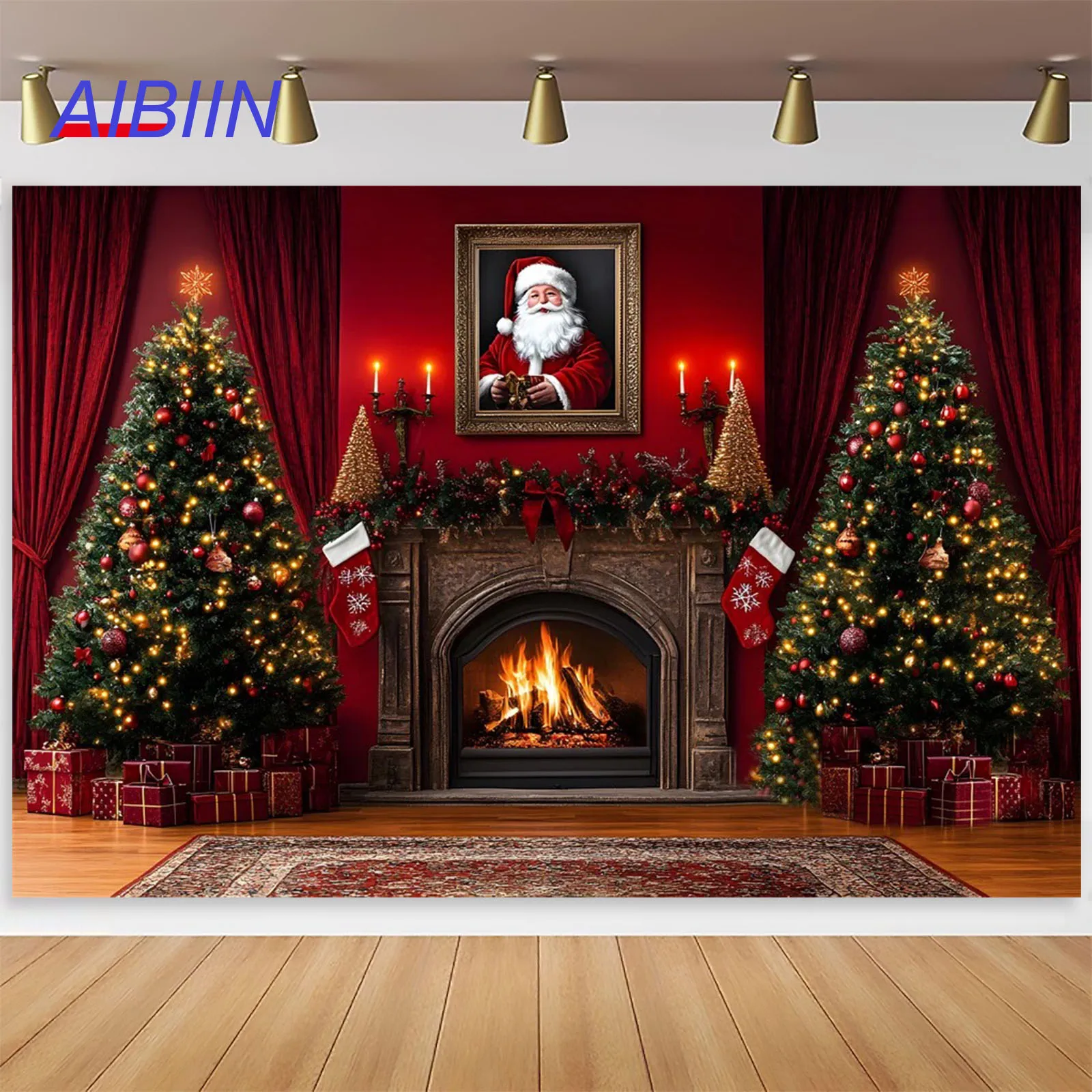 

Merry Christmas Photography Background Green Xmas Tree Red Curtain Wall Santa Backdrop Kids Family Party Decor Photo Studio