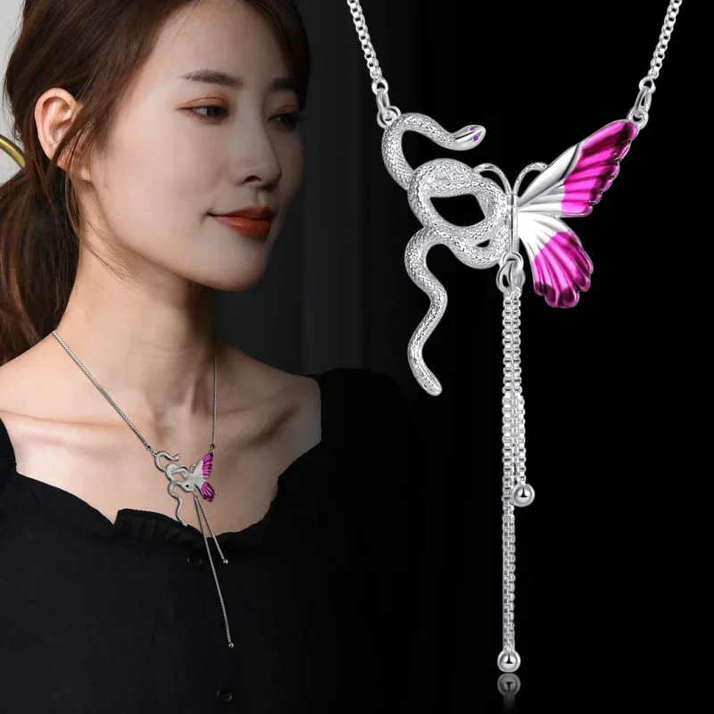 قلادة على شكل ثعبان خرافية نصف فراشة، قلادة للخريف والشتاء، سلسلة الترقوة المخصصة باللون الأزرق