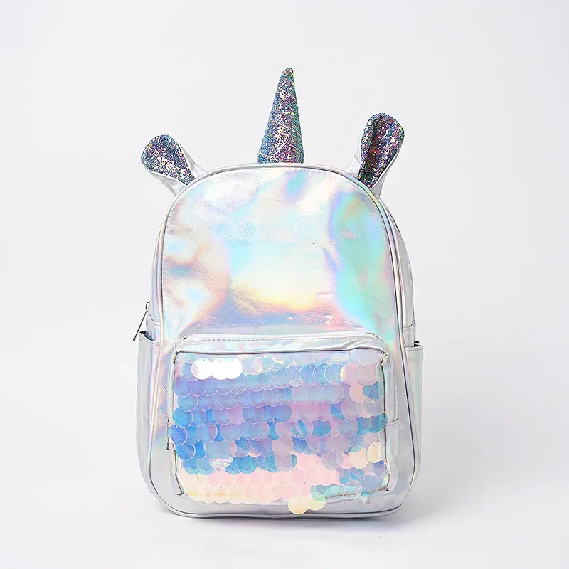 Girls and Boys Laser Unicorn Schoolbag For Women Silver Fashion Female Shiny Backpack Silver Waterproof Holographic Backpack