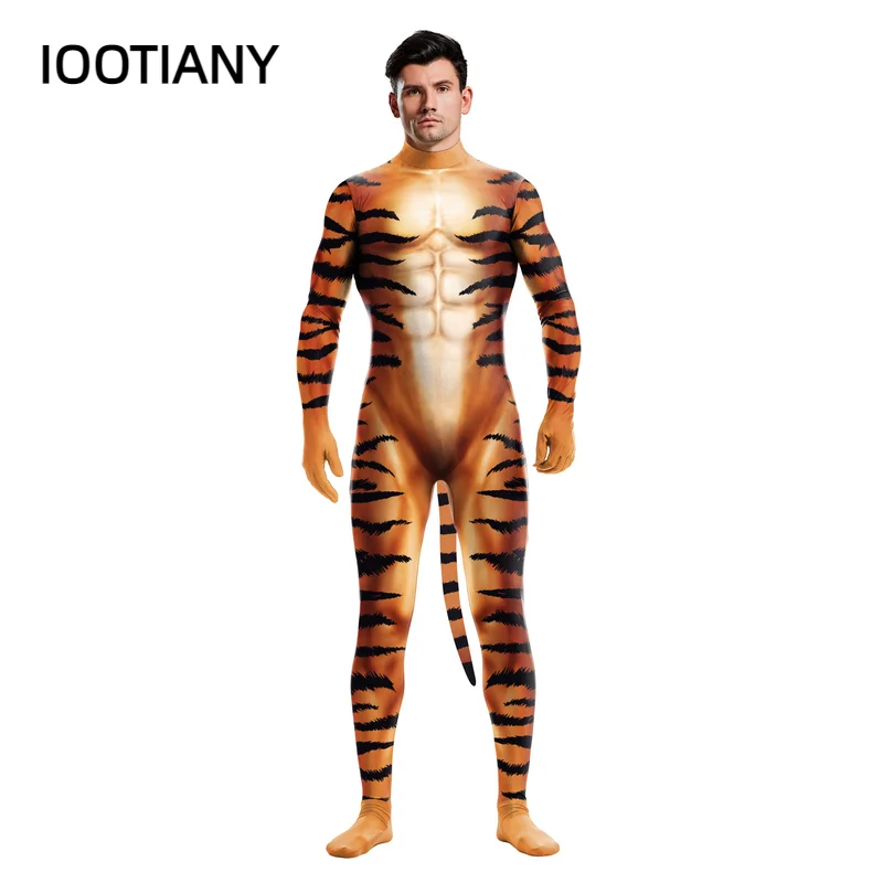 IOOTIANY Anime  New Tigra 3D Tiger Print with tails Cosplay Costume for Women and Men Fashion Skinny Slim Jumpsuits Bodysuit