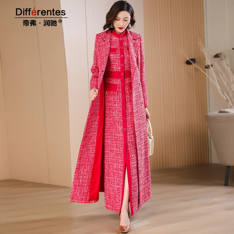 

Trench Women Autumn Winter Coat Pink Plaid X-Long Jacket Double Breasted Turn-down Collar Outwear Office Lady Adjustable Waist