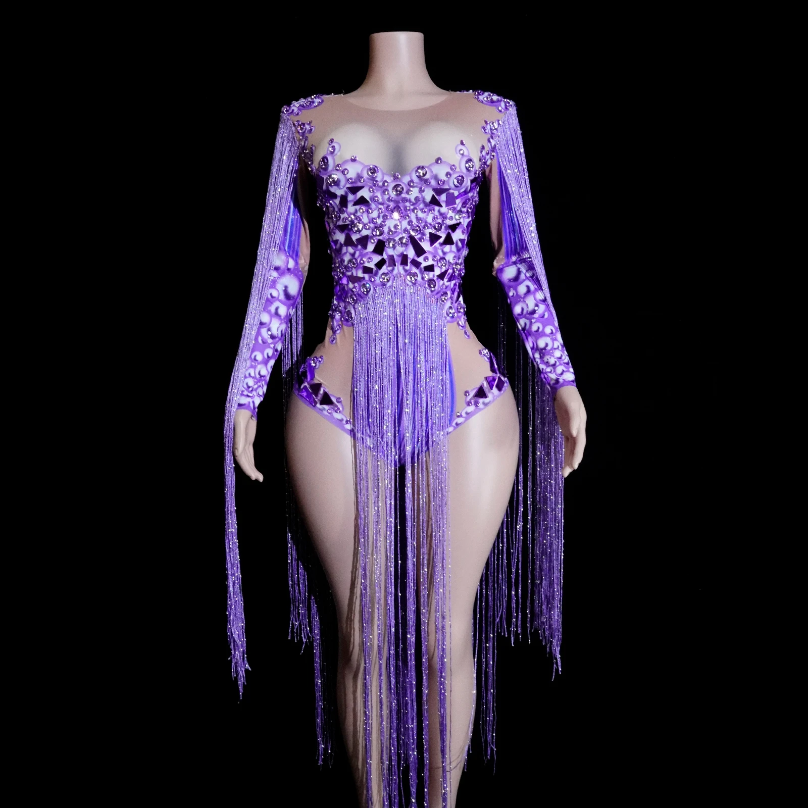 

Drag Queen Bodysuit Purple Rhinestone Fringe Sexy Stage Performer Woman Costume Gogo Outfit Singer Clothes Pole Dance Birthday