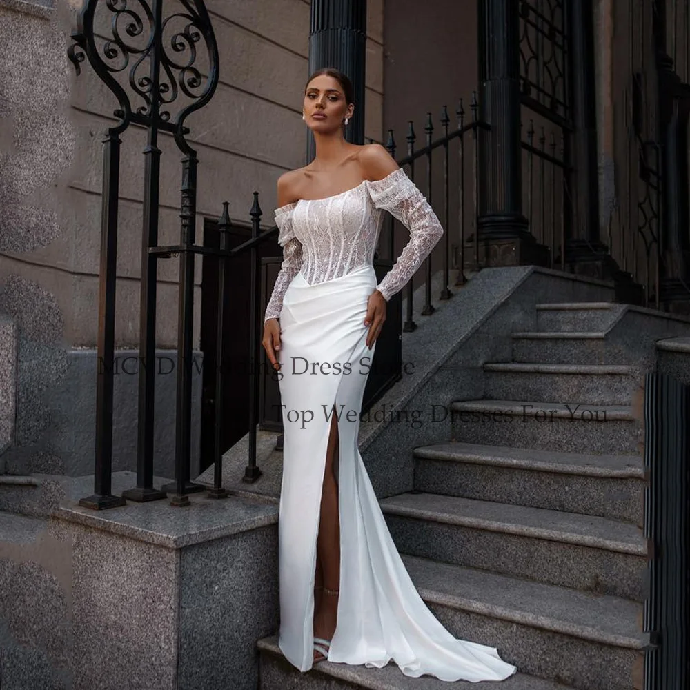 

MCDV Off Shoulder Mermaid Wedding Gown Full Sleeve Lace Appliques Strapless Full Sleeve Side Split Vestidos De Novia Customized
