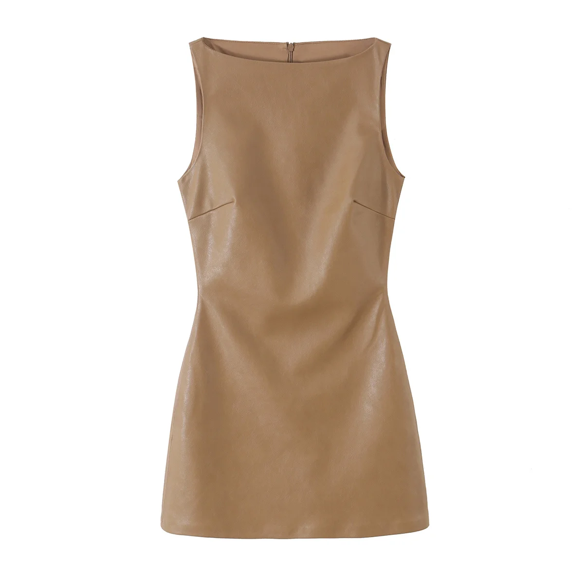 KONDALA Chic Fashion 2026 Vintage Elegantes Damenkleid Herbst PU Sexy Kleid Streetwear Ärmellos Khaki Falten Damenkleid – Detail 2