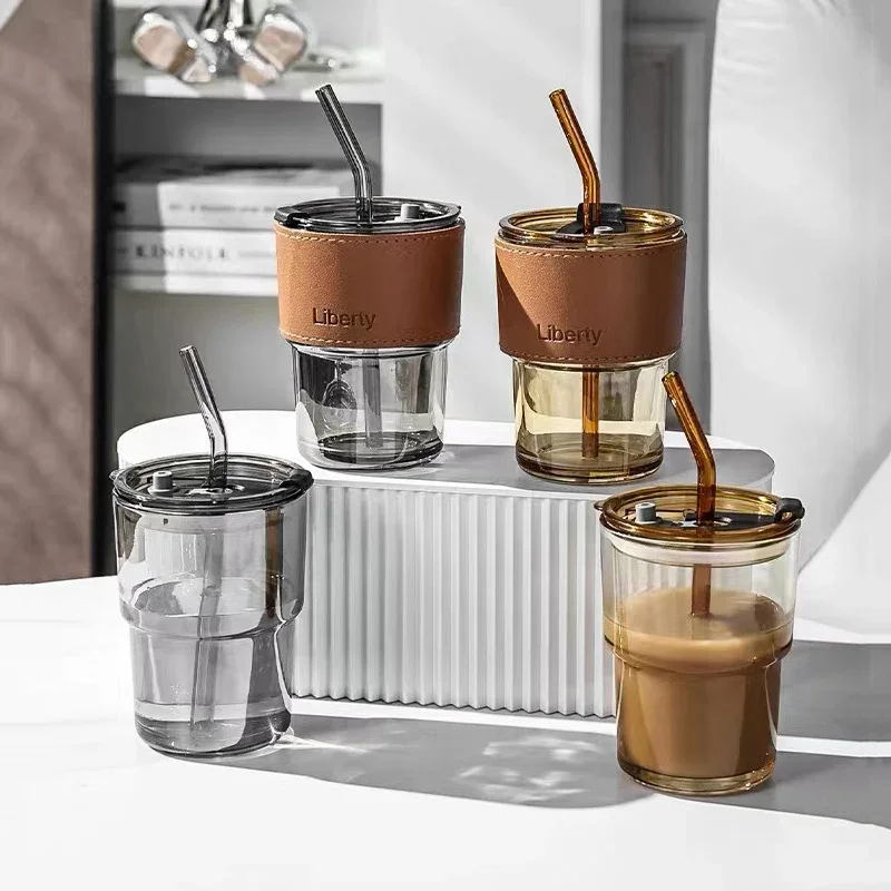 

380ml Glass Straw Cup With Insulation Cover Can Be Hot Microwave Coffee Tea Juice Straw Water Cup Reusable Office Home Travel