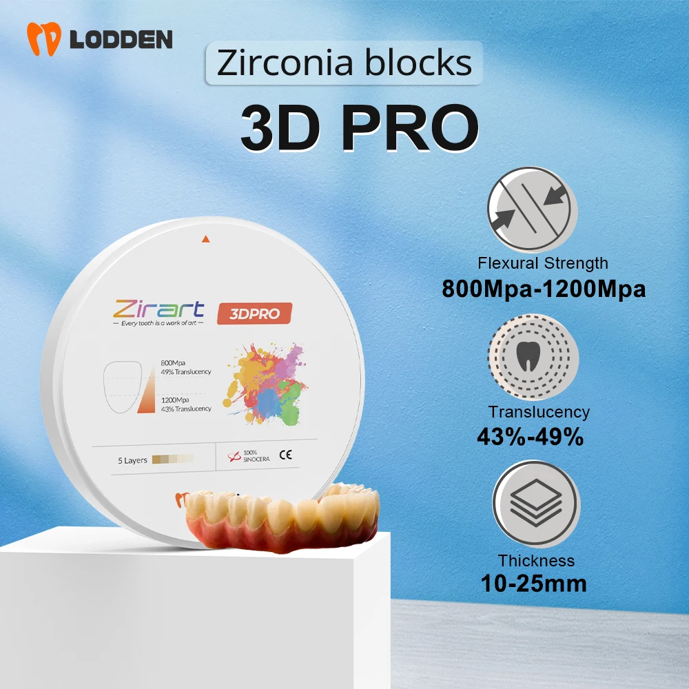 LODDEN 3D Pro Multilayer Zirconia Block Dental Lab CAD CAM Open System 98x10-25mm 43-49% High Strength Zirconia Vita16
