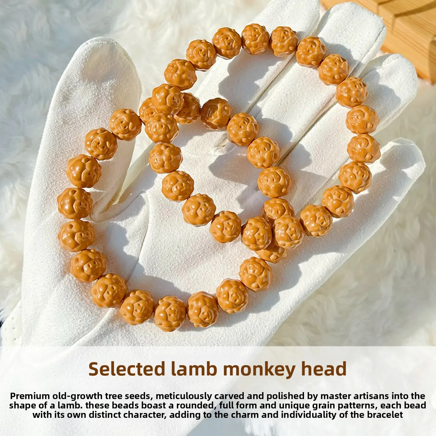 Cute Sheep Head Walnut Carved Monkey Head Single Strand Bracelet Collector Hand Polished Wood Prayer Luck Beads Buddhist Jewelry