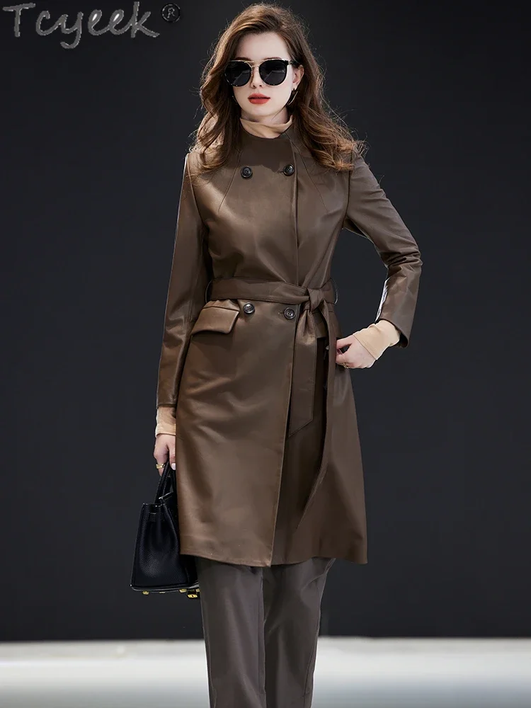 Tcyeek-Veste en cuir véritable pour femme, peau de mouton naturelle élégante, manteau semi-long, vêtements d'hiver, 2024