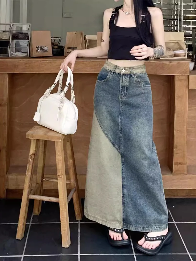 New Spring Autumn Women Fashion Vintage Skirts High-waisted Slimming Medium-length Color Blocking Denim Skirt for Women Clothing view 3