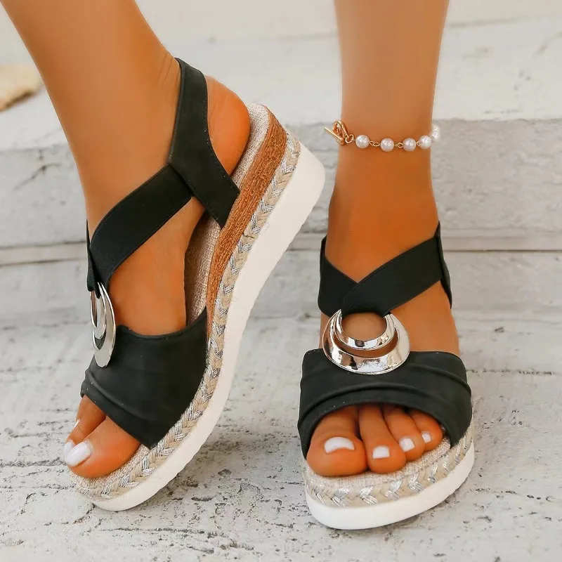 

Wish Large Size Sandals Summer New Style Metal Buckle Decorative Hemp Rope Lightweight Fish Mouth Sandals Roman Shoe Style
