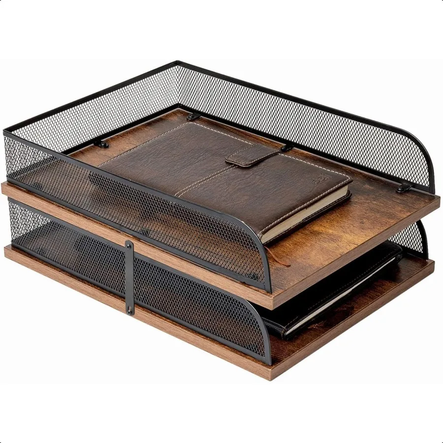 

Set of 2 Wood Metal Letter TrayDesk Organizers Paper TrayOffice File Organizer Black