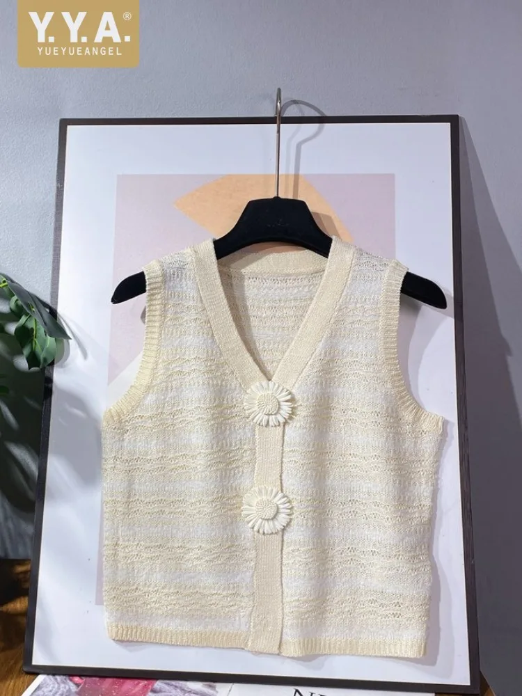 Summer New Thin One Size Sleeveless Flower Button Women Knit T-Shirts V-Neck Fashion Short Top Office Lady Casual Tees Hot Sale