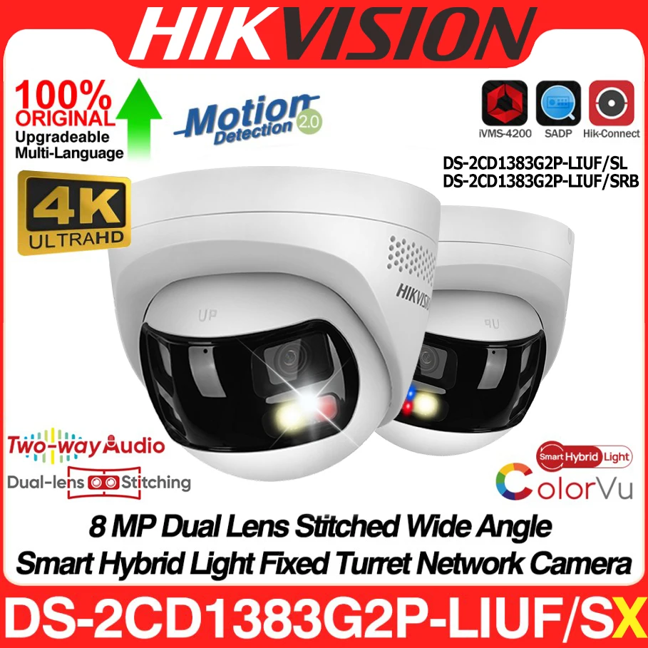 

Hikvision DS-2CD1383G2P-LIUF/SL 8MP 4K Dual Lens Stitched 180° Wide Angle Smart Hybrid Light POE Network IP Camera MD 2.0 Audio