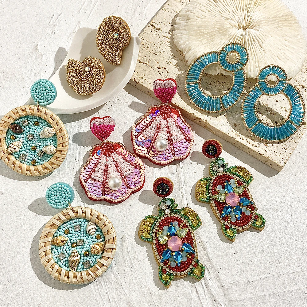 Bohemia Handmade Beaded  Shell Turtle Lobster Beach Drop Earrings For Women New Summer Colorful Starfish Pearl Wooden Earring