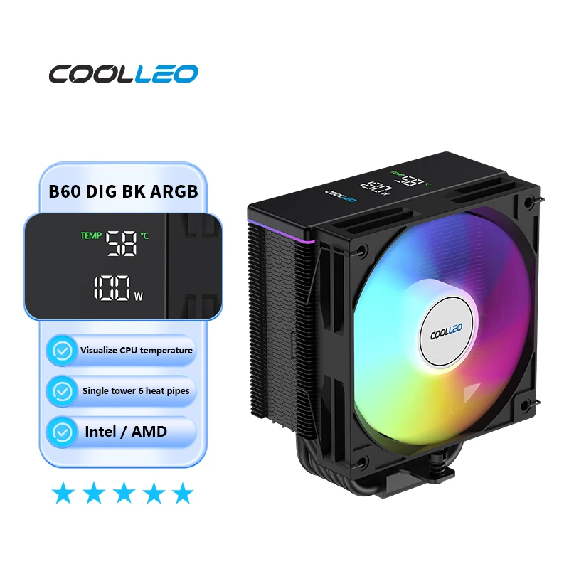 COOLLEO B60 DIG ARGB 6 Heat Pipes CPU Cooler Intelligent Temperature Display Radiator TDP 235W Air Cooler For LGA1700 AM4 AM5