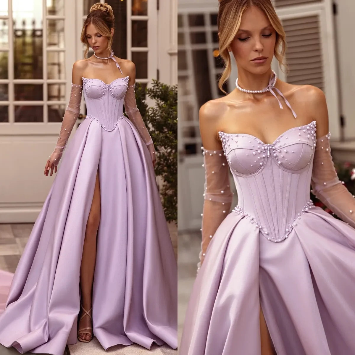 

Customized lavender Prom Dress A line pearls sweetheart prom dresses evening gowns thigh split backless formal occasions dress