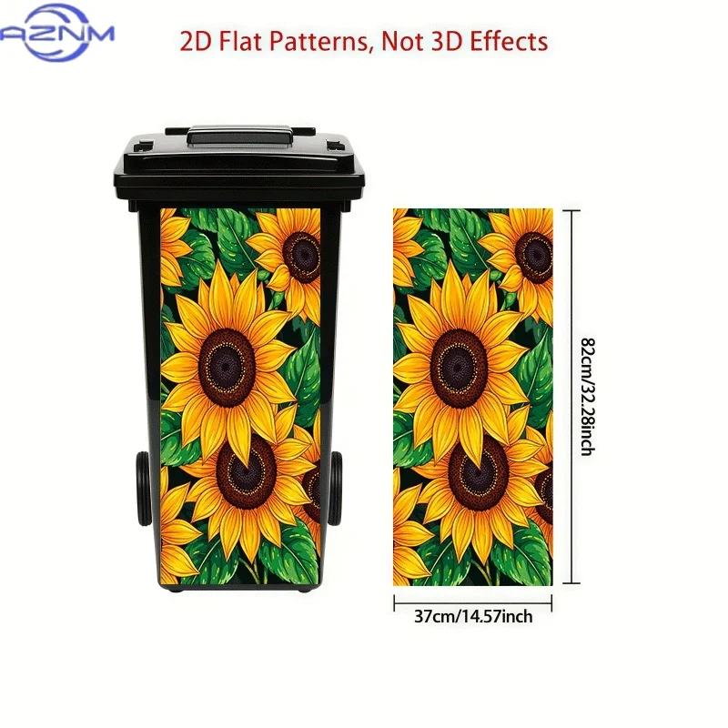 2D Flat Printing 1pc Trash Can Sticker, Sunflower and Green Leaves Theme Design, Self-Adhesive Wall Decal for Kitchen Trash Ca view 3