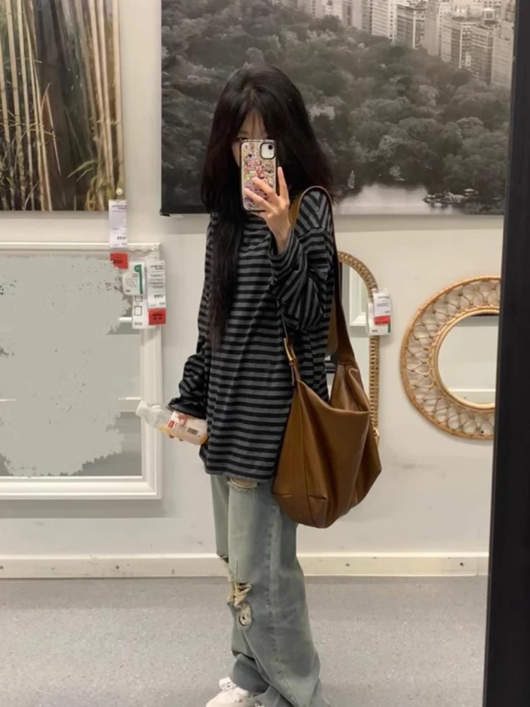 Los lang Sve gestreept T-shirt dames lente herfst winter Koreaanse Sle casual comfortabel klein formaat top Amerikaanse retro