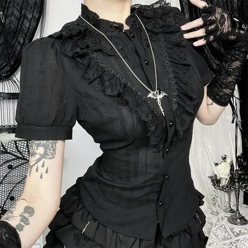 

NONSAR Sweet Lolita Cotton Shirts Women Vintage Gothic Black White Jacquard Short Sleeve Blouses Elegant Office Lady Y2k Tops