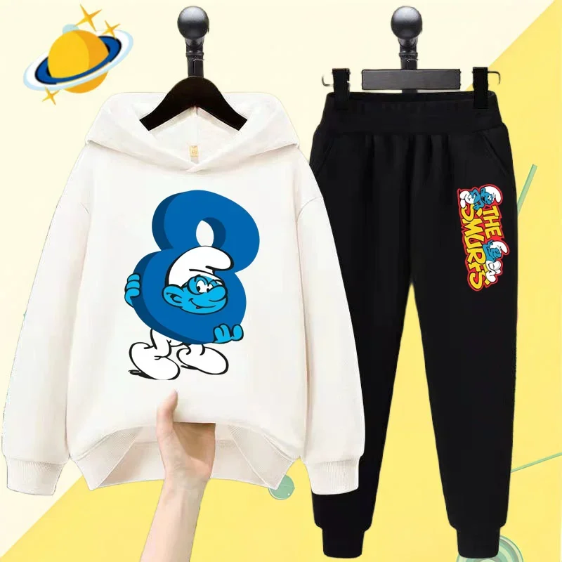 Smurf Smurfette anime children's hoodie set Cartoon print Autumn/Winter long sleeve sweatshirt Boy/Girl Kawaii casual top gift