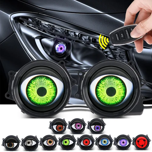Imagen 1 del producto Luces de lente de ojos de diablo para coche de 3 pulgadas, conjunto de faro dinámico de ojo rojo demonio de 12-36V con Control remoto, accesorios de actualización automática