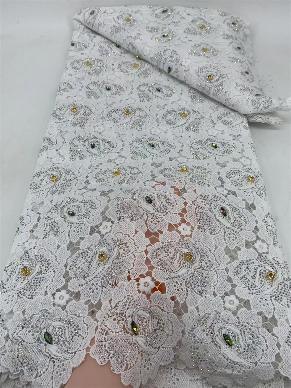 

White Lace Fabric Nigerian Fabric 5Yards Luxury Embroidered Tulle Gold Guipure Lace Fabric Rhinestones Fabric For Dress A1142-1