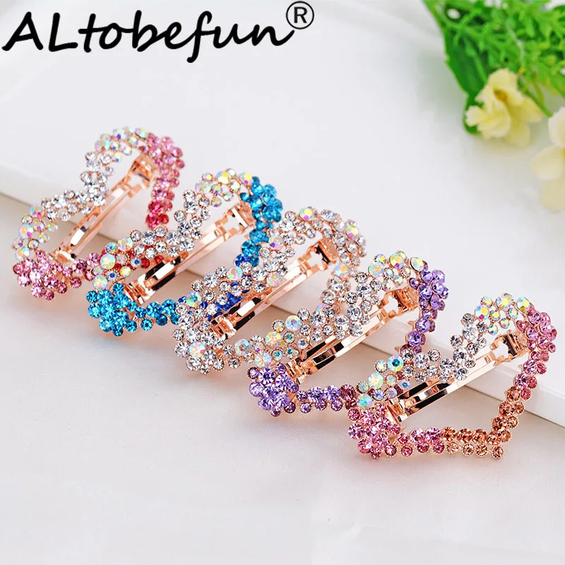 ALTOBEFUN Crystal Heart Hairpin Women Ladies Hairwear Jewelry For Girl Rhinestone Alloy Hair Clip Party Barrettes AE033