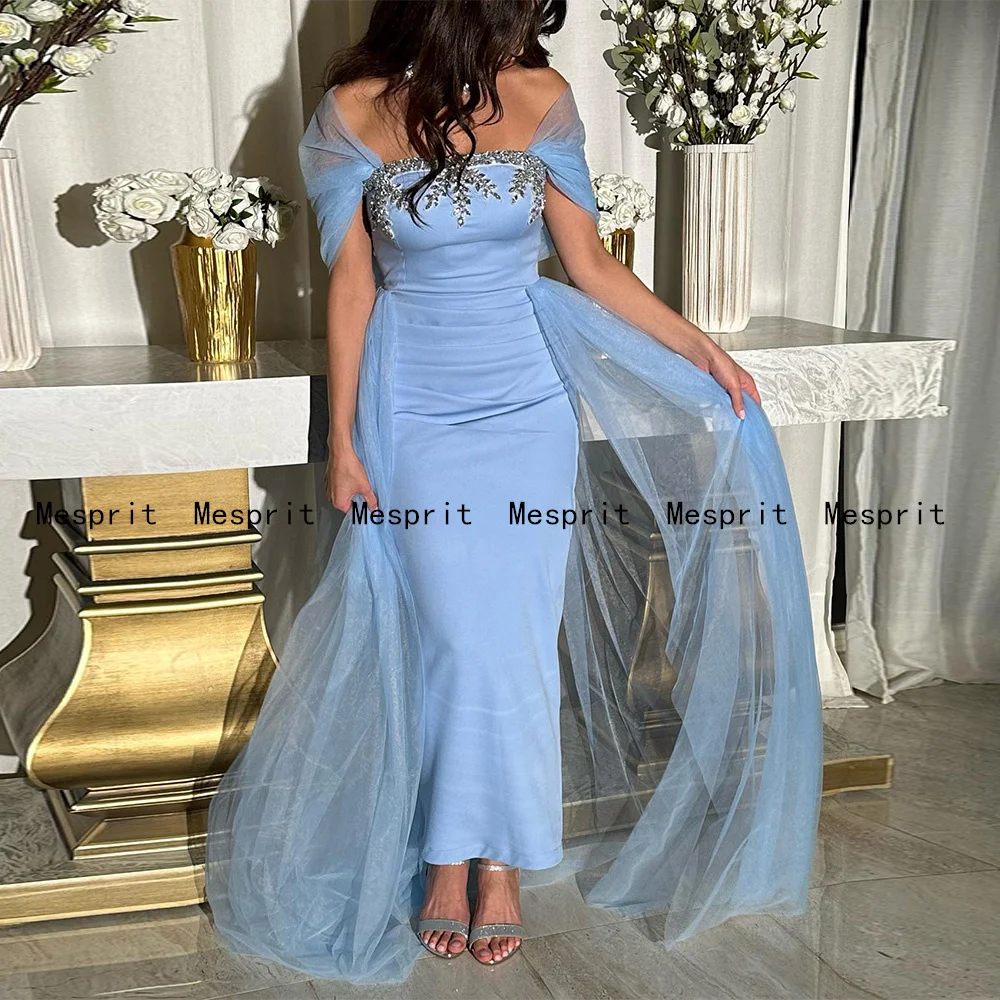 Light Blue Prom Dresses Customized Off The Shoulder Crystals Tulle Train Saudi Arabic Party Gown Mermaid Evening Dress