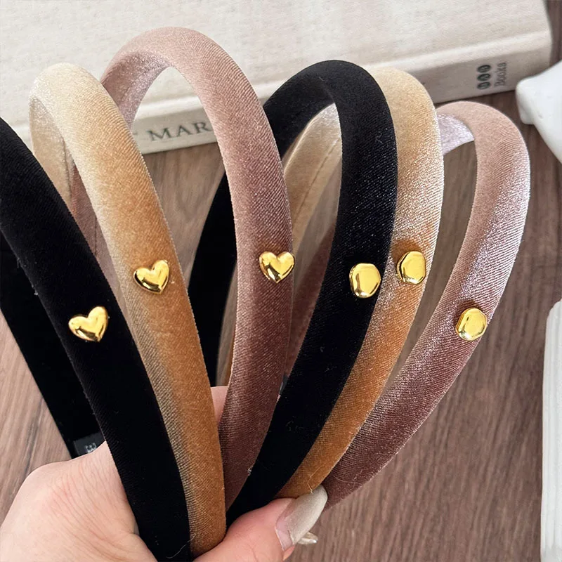 Velvet Gold Love Bean Hair Hoop Narrow Edition Slim Autumn Winter Anti slip Head Hoop High Head Top Vintage HairClip Accessories