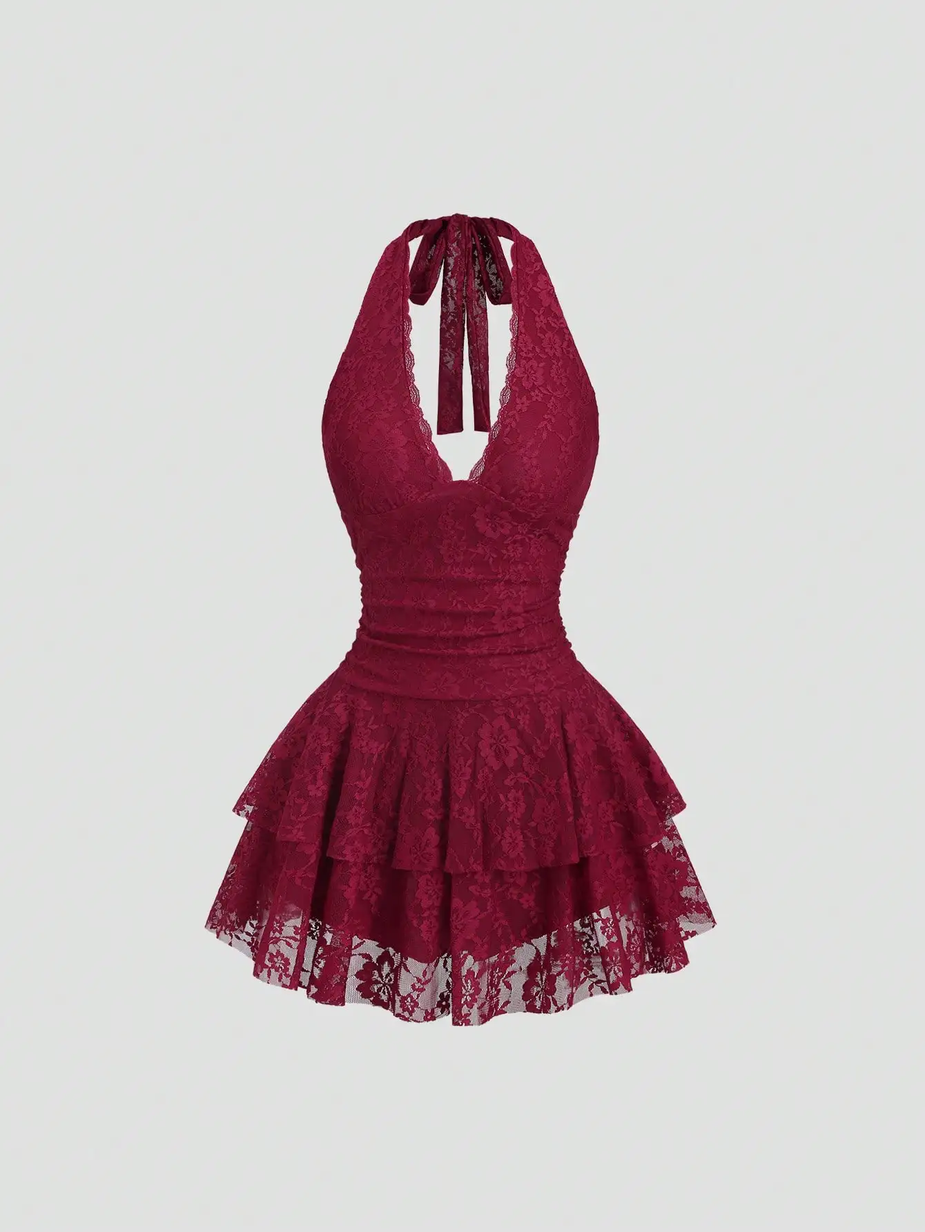 

Red Lace Halter Mini Dress with Ruffled Skirt for Party or Night Out