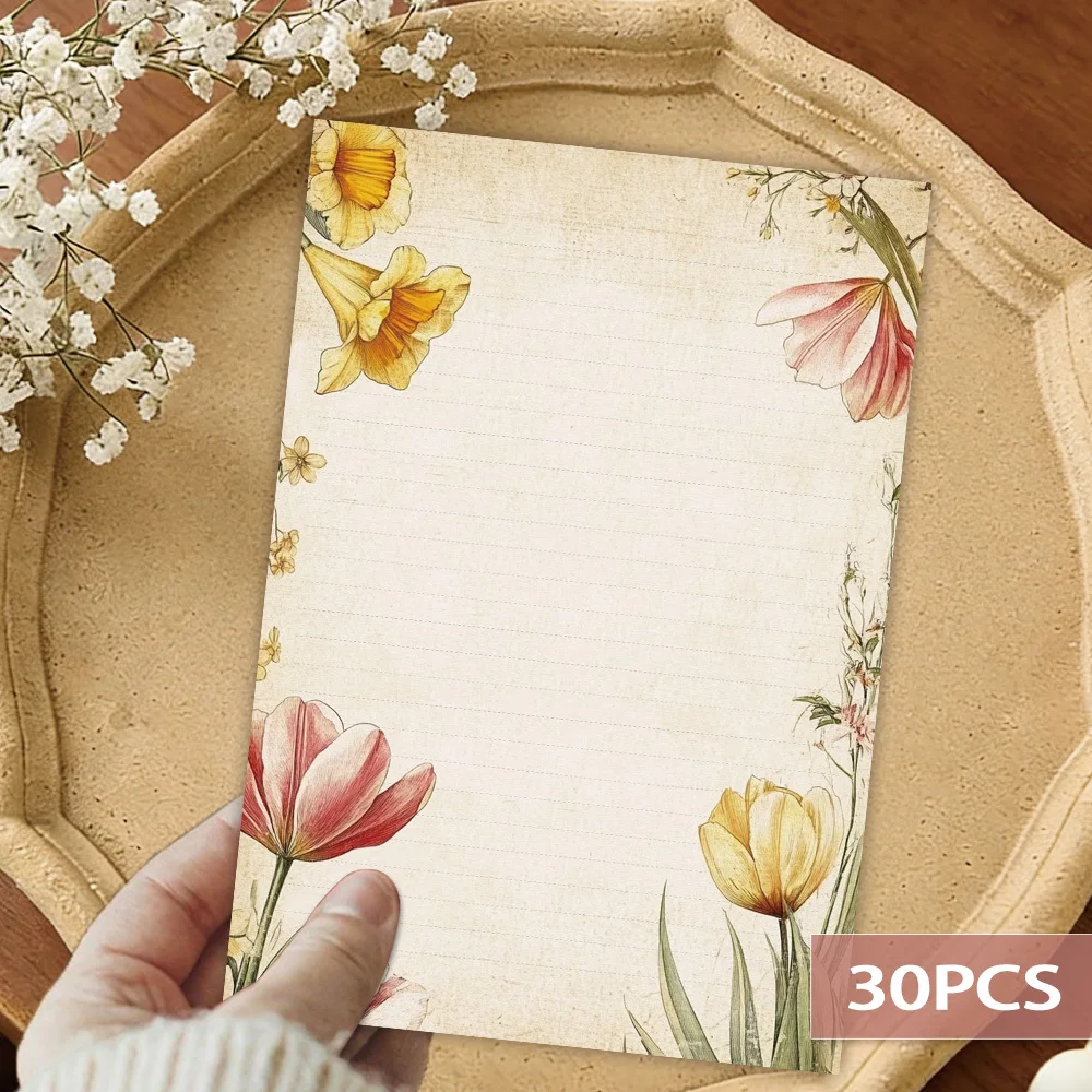 30 Sheets Of Bucolic Tulip-themed Writing Paper, Lined, Glue-free, Very Suitable For Notebooks, Memos, And Stickers.